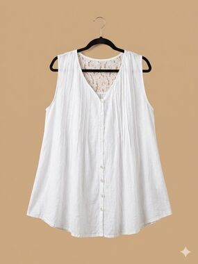 Martina Innocenti White 100% Linen Pleated Crochet Back Tunic Tank Top